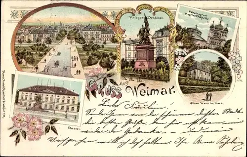 Litho Weimar in Thüringen, Theater, Kriegerdenkmal, Fürstengruft, Griech. Kapelle, Goethehaus