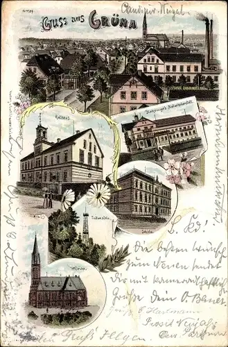 Litho Grüna in Sachsen, Rathaus, Stahringer's Naturheilanstalt, Schule, Kirche