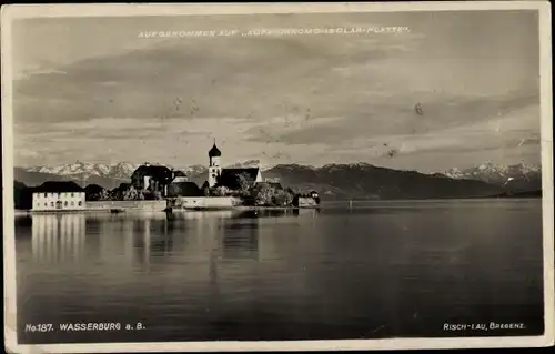 Ak Wasserburg am Bodensee Schwaben, Seepartie, Häuser, Kirche, Bergkette