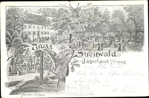 Litho Frohburg in Sachsen, Jägerhaus im Streitwald, Terrasse, Das alte Schloss