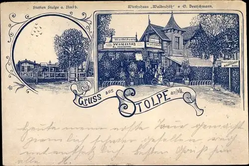 Litho Stolpe Hohen Neuendorf Oberhavel, Bahnstation a. Nordb., Wirtshaus Waldeshöh, Totalansicht