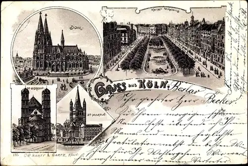 Litho Köln am Rhein, Dom, Kaiser Wilhelm Ring, St. Gereon, St. Martin