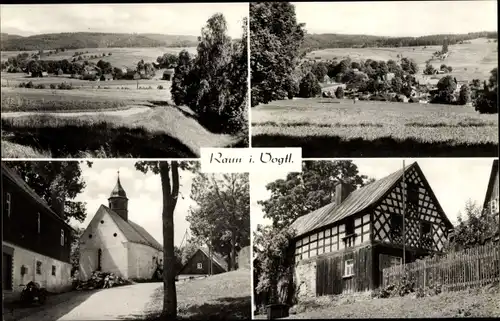 Ak Raun Bad Brambach im Vogtland, Kirchpartie, Fachwerkhaus, Landschaft