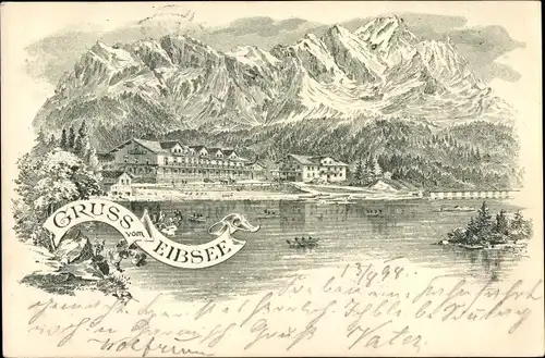 Litho Grainau im Kreis Garmisch Partenkirchen, Gruß vom Eibsee, Landschaftsblick