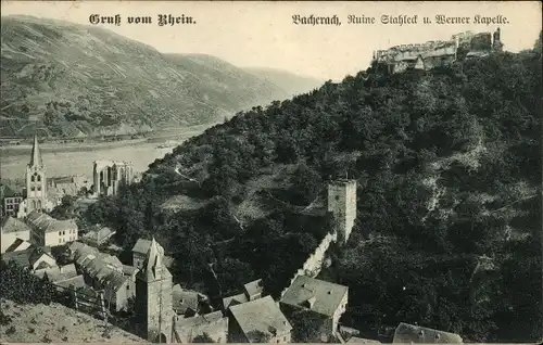 Ak Bacharach am Rhein, Teilansicht mit Werner Kapelle, Ruine Stahleck