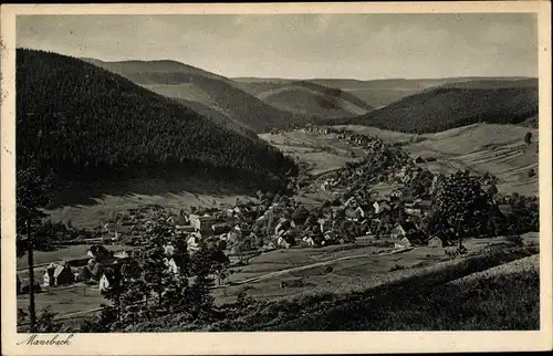 Ak Manebach Ilmenau in Thüringen, Panorama vom Ort, Hügellandschaft