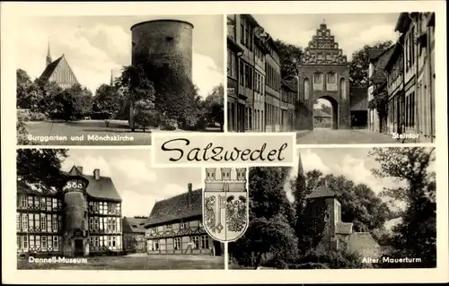 Wappen Ak Salzwedel in der Altmark, Burggarten, Mönchskirche, Steintor, Museum