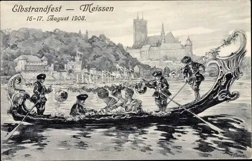 Künstler Ak Barth, Meißen in Sachsen, Elbstrandfest August 1908, Gondel