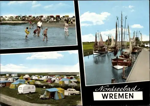 Ak Nordseebad Wremen Wurster Nordseeküste, Strandleben, Campingplatz, Hafenpartie