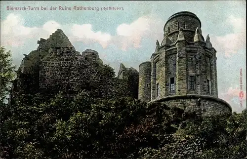 Ak Kyffhäuserland Thüringen, Bismarckturm bei der Ruine Rothenburg, Hotel Ruine Rothenburg