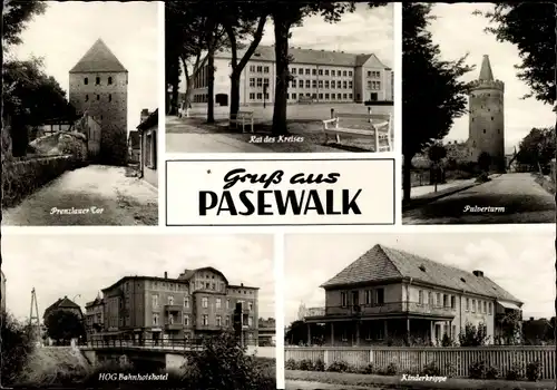 Ak Pasewalk, Prenzlauer Tor, Rat des Kreises, Pulverturm, Kinderkrippe, HOG Bahnhofshotel