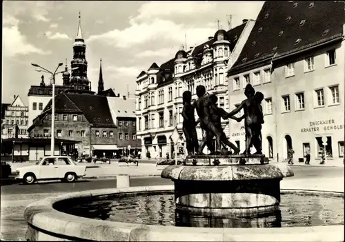 Ak Zwickau in Sachsen, Hauptmarkt, Brunnen, Zwickauer Kräuter Gewölbe