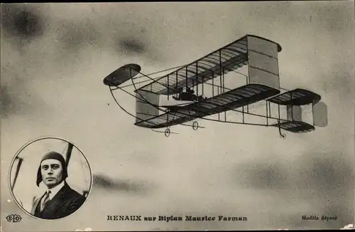 Ak Renaux sur Biplan Maurice Farman, Flugpionier, Doppeldecker