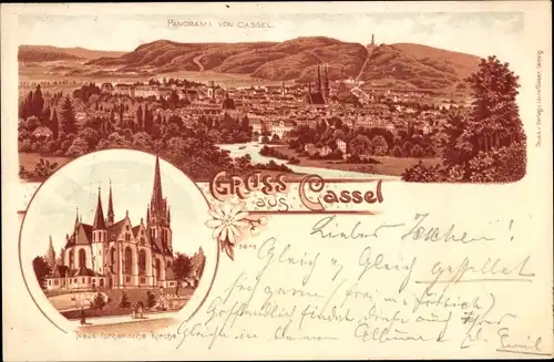 Litho Kassel in Hessen, Neue lutherische Kirche, Totalansicht vom Ort