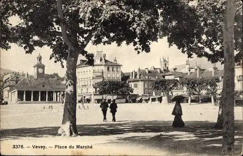 Ak Vevey Kanton Waadt, Place du Marche, Marktplatz, Gebäude, Bäume