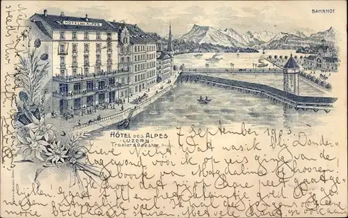 Litho Luzern Stadt Schweiz, Hotel des Alpes, Panorama, Bahnhof