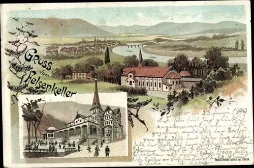 Litho Höxter in Nordrhein Westfalen, Gaststätte Felsenkeller, Panorama vom Ort