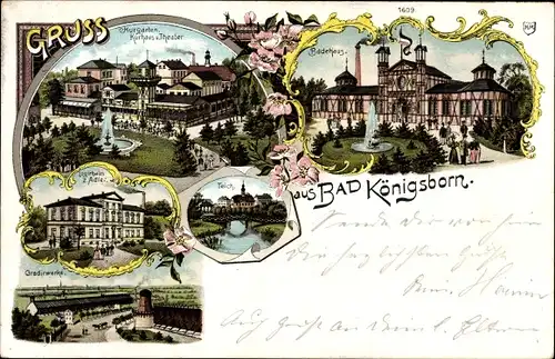 Litho Königsborn Unna im Ruhrgebiet, Badehaus, Kurgarten, Teich, Gradierwerke