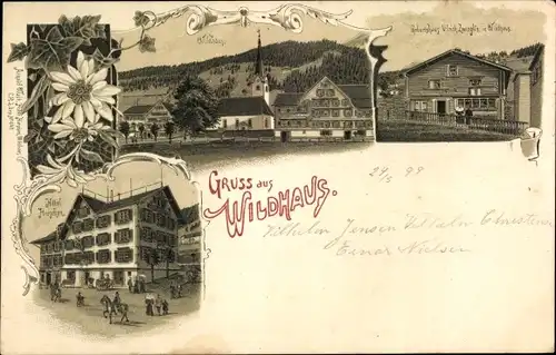 Litho Wildhaus Kanton St Gallen Schweiz, Hotel Hirschen, Geburtshaus Ulrich Zwingli, Kirche