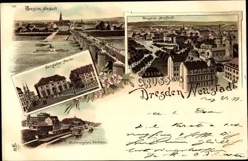 Litho Dresden Neustadt, Markt, Italienisches Dörfchen, Stadtansicht