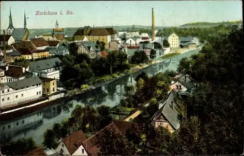 Ak Zwickau in Sachsen, Ortsansicht mit Fluss