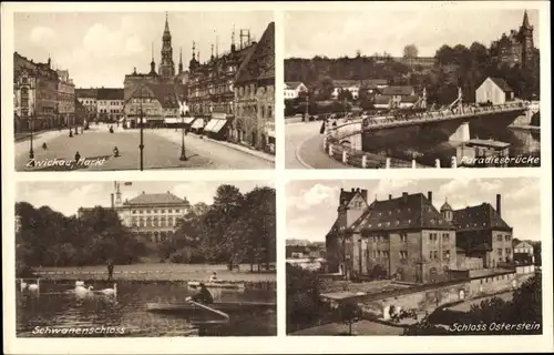 Ak Zwickau in Sachsen, Markt, Paradiesbrücke, Schwanenschloss, Schloss Osterstein