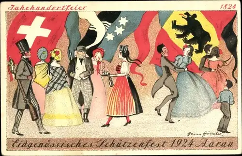 Wappen Künstler Ak Aarau Kanton Aargau, Eidgenössisches Schützenfest 1924, Jahrhundertfeier