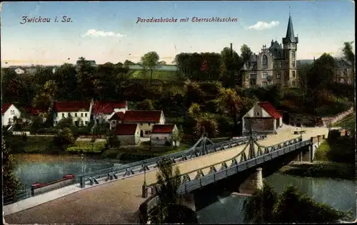 Ak Zwickau in Sachsen, Paradiesbrücke mit Ebertschlösschen