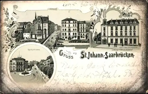 Litho St. Johann Saarbrücken, Reichsstraße, Hotel zur Post, Ed Schneider