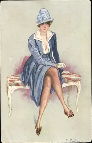 Künstler Ak Frau in blauem Kleid mit Hut und Zigarette