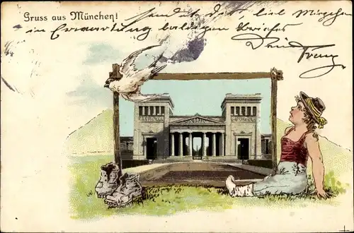 Litho München, Propyläen, Kind, Vogel