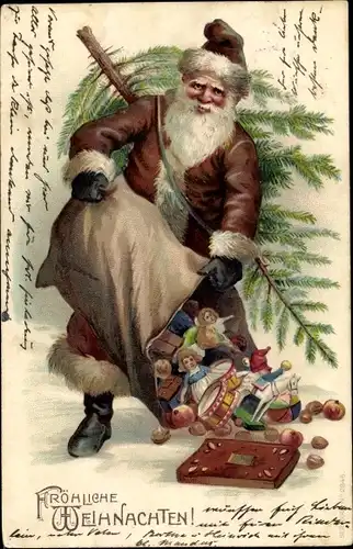 Präge Litho Frohe Weihnachten, Weihnachtsmann mit Geschenkesack, Tannenbaum