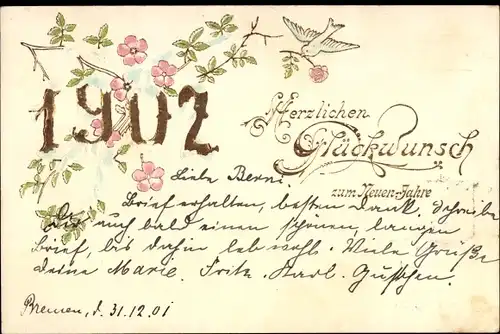 Präge Ak Glückwunsch Neujahr 1902, Taube, Blumen