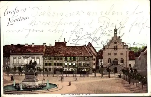 Ak Landau in der Pfalz, Max Josephs Platz, Denkmal, Springbrunnen