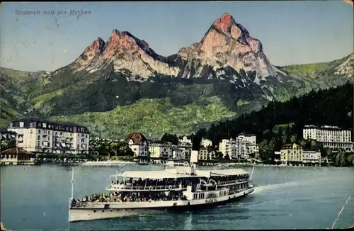 Ak Brunnen Kt Schwyz, Stadt  und die Mythen, Salondampfer