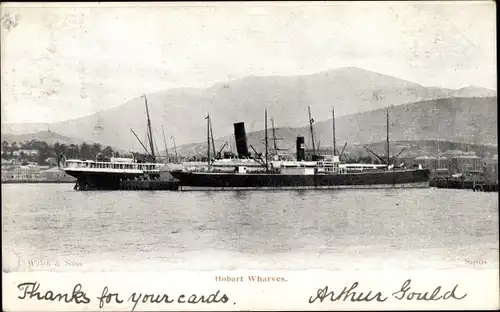 Ak Hobart Tasmanien Australien, Wharves, Blick auf Dampfer