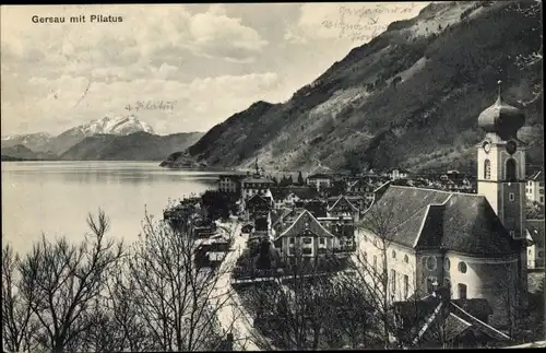 Ak Gersau Kanton Schwyz, Teilansicht mit Pilatus, Kirche