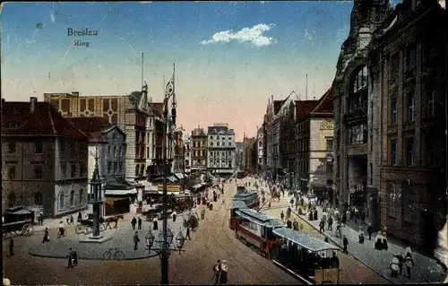 Ak Wrocław Breslau Schlesien, Straßenpartie am Ring, Straßenbahn, Passanten