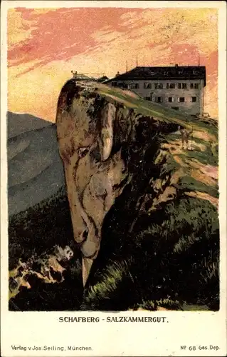 Litho Schafberg im Salzkammergut in Salzburg, Berghotel, Dämmerung