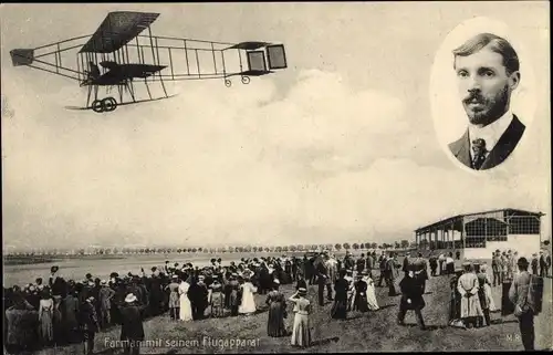 Ak Flugpionier Farman mit seinem Flugapparat, Biplan, Flugplatz, Schaulustige