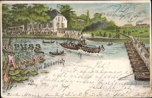 Litho Büderich Wesel am Niederrhein, Gasthaus Arche, Schiffbrücke, Dampfer