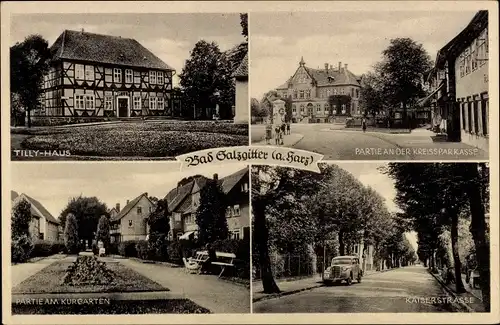 Ak Bad Salzgitter in Niedersachsen, Tilly-Haus, Partie an der Kreissparkasse, Am Kurgarten