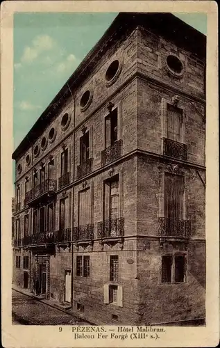 Ak Pézenas Hérault, Hotel Malibran, schmiedeeiserner Balkon