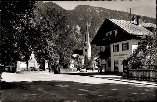 Ak Bayrischzell im Mangfallgebirge Oberbayern, Kriegerdenkmal, Bäckerei, Kirche