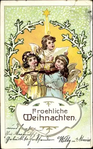 Präge Litho Frohe Weihnachten, Engel singen und musizieren