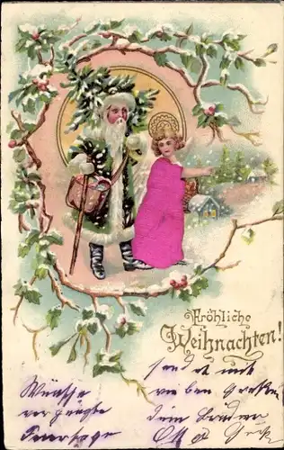 Präge Stoff Litho Frohe Weihnachten, Weihnachtsmann, Engel