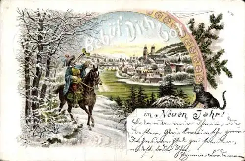 Litho Glückwunsch Neujahr, Trompeter, Behüt' Dich Gott, Stadt