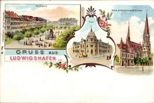 Litho Ludwigshafen am Rhein Rheinland Pfalz, Neue protestantische Kirche, Marktplatz, Post