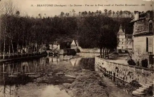 Ak Brantôme Dordogne, La Dronne, Vue sur le Pont, Pavillon Renaissance