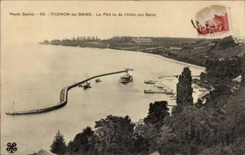 Ak Thonon les Bains Haute Savoie, Der Hafen vom Hotel des Bains aus gesehen